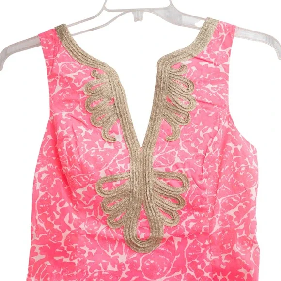 Lilly Pulitzer Shift Dress Sz 4 Hot Pink White Gold Summer Tropical Resortwear - Picture 2 of 5